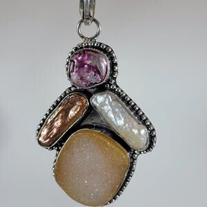 Sterling Silver Pendant with Druzy, Pearl & Pink Tourmaline – One of a Kind Gift